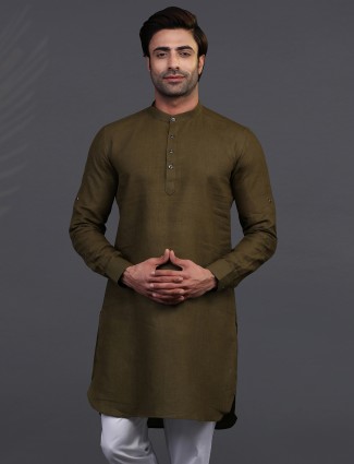 Olive linen kurta for festive