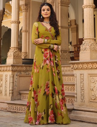 Olive Floral Printed Organza Floor Length Suit