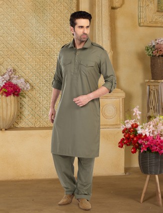 Olive plain cotton pathani suit