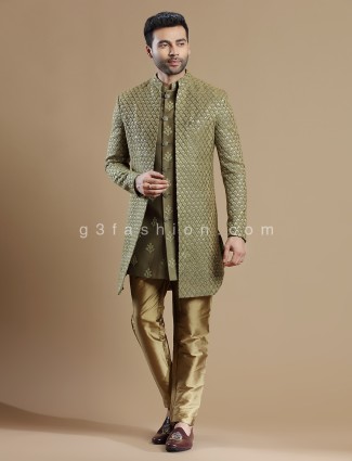 Olive Silk Wedding look Indowestern