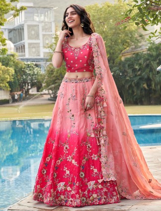 Pink organza unstitched lehenga choli