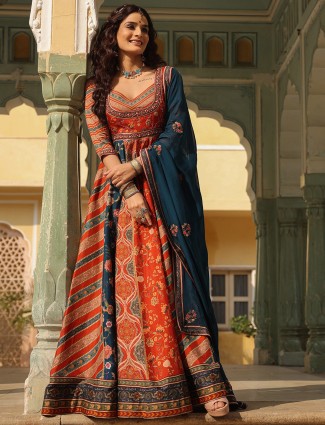 Orange and blue raw silk floor length suit