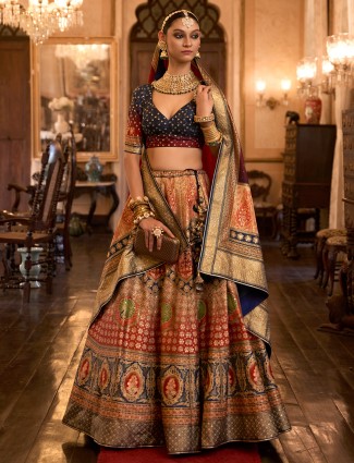 Orange and navy printed lehenga choli