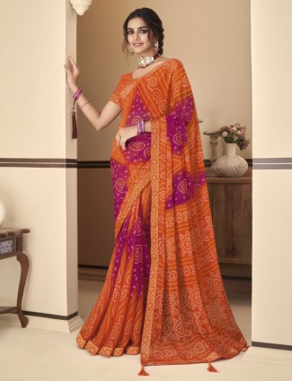 Orange chiffon printed bandhej saree