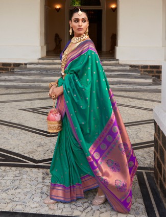 Trendy rama green paithani silk saree