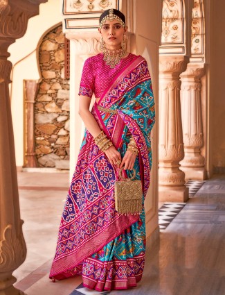 Aqua silk saree with patola print