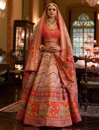 Orange silk lehenga choli in printed