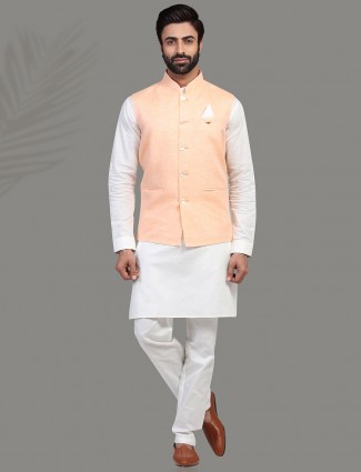 Peach and White Linen Waistcoat Set