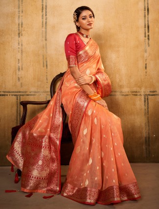 Latest peach banarasi tissue silk saree