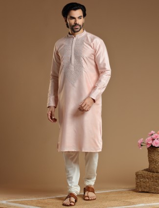 Peach cotton silk kurta suit for men