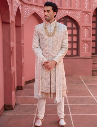 Peach embroidery sherwani in silk