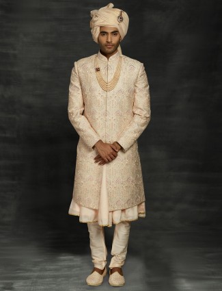 Groom exclusive peach silk sherwani set