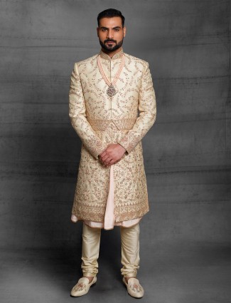 Dual Layer Peach Sherwani with Heavy Thread Work