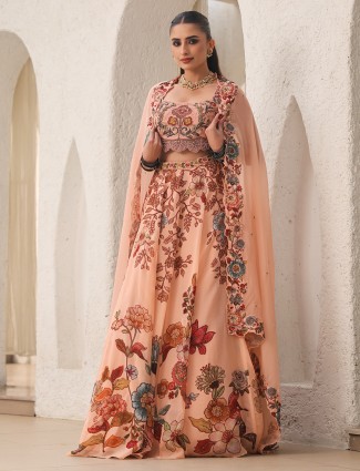 Peach oragnza printed lehenga choli