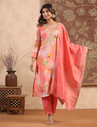 Latest Peach Silk Printed Kurti Set