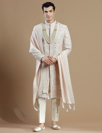 Peach premium raw silk sherwani for men