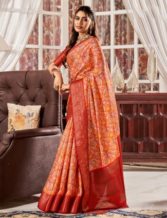 Digital printed peach satin saree