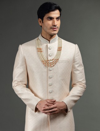 Peach silk groom wear sherwani