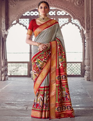 Pearl white patola silk wedding saree