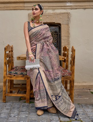 Pink and navy silk printed saree