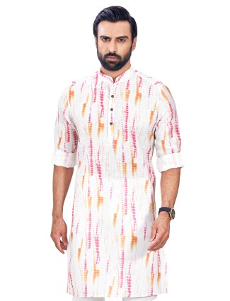 Pink and white printed cotton kurta