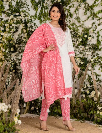 Pink and white kurti set with printed dupatta