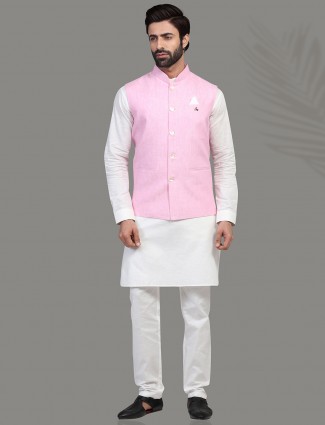 Pink and White Linen men Waistcoat Set