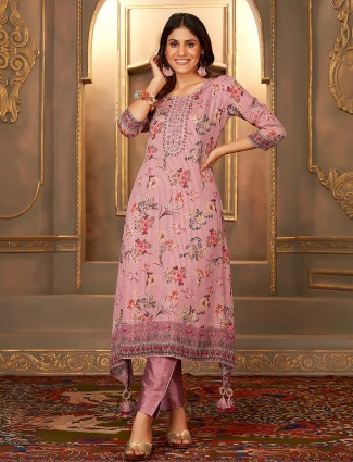 Pink floral printed a line kurti