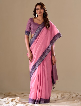 Pink cotton saree with contrast border