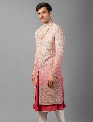 Pink shaded peshwai style sherwani for groom