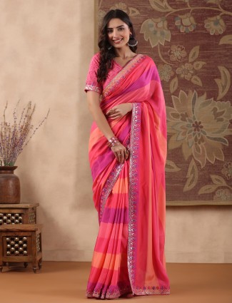 Muslin pink shaded stripe saree