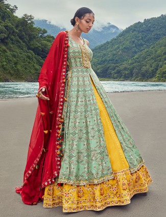 Raw silk  pista green and yellow indowestern lehenga choli