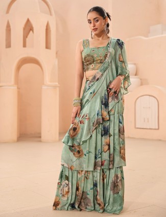 Beautiful pista green floral printed saree