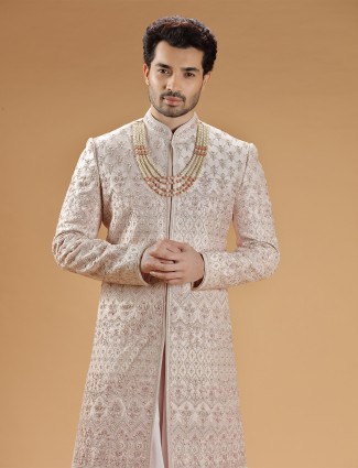 Baby pink raw silk sherwani