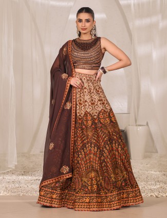 Printed raw silk brown lehenga choli