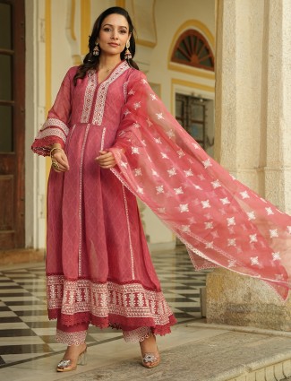 Printed cotton coral pink kurti set with dupatta