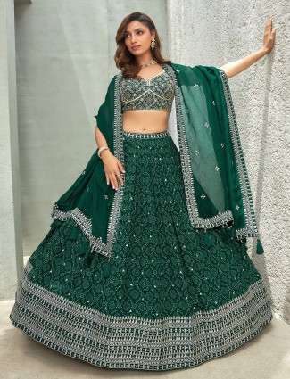 Printed dark green lehenga choli in georgette