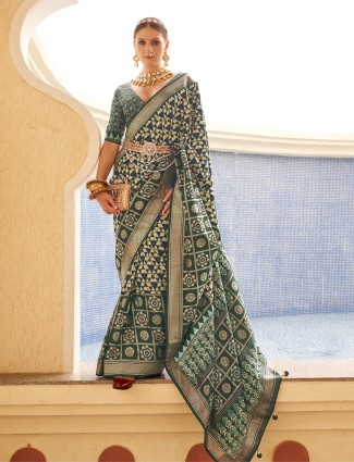 Printed dark green saree in silk