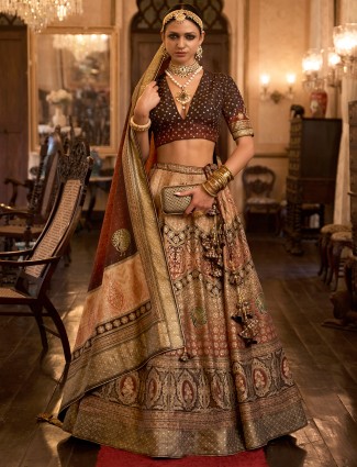 Silk printed peach and brown lehenga choli