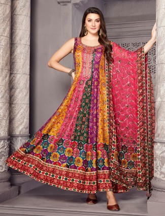 Printed silk anarkali suit in multi color