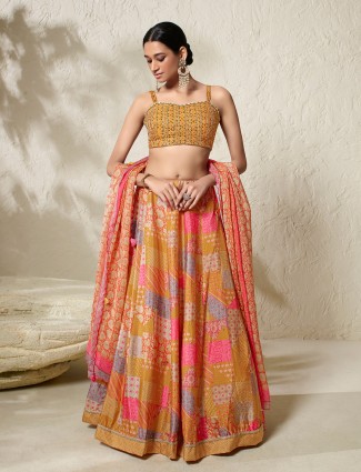 Printed silk mustard yellow lehenga choli