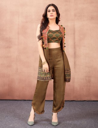 Olive silk printed jacket style co-ord set