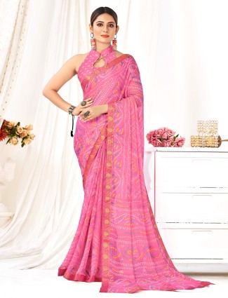 Bandhani printed pink saree