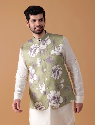 Printed terry rayon sage green waistcoat