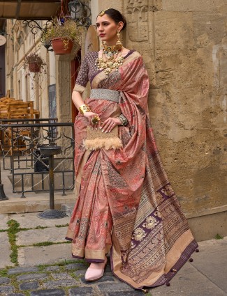 Dusty peach printed silk saree