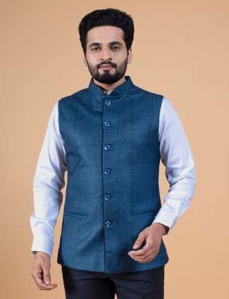 Prussian blue jute silk plain waistcoat