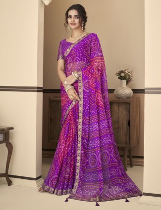 Purple chiffon bandhej saree