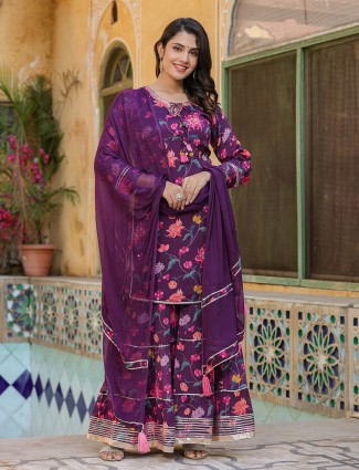 Floral printed purple silk sharara suit