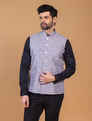 Purple printed waistcoat in silk