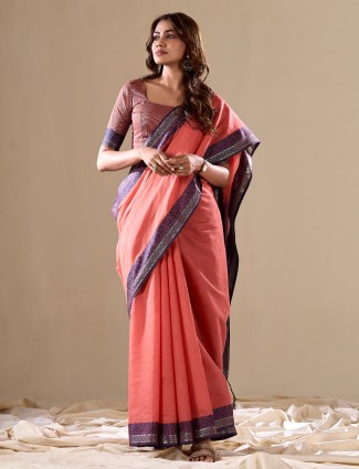 Cotton coral pink plain saree